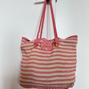 Tory Burch Coral and Cream Striped beach bag